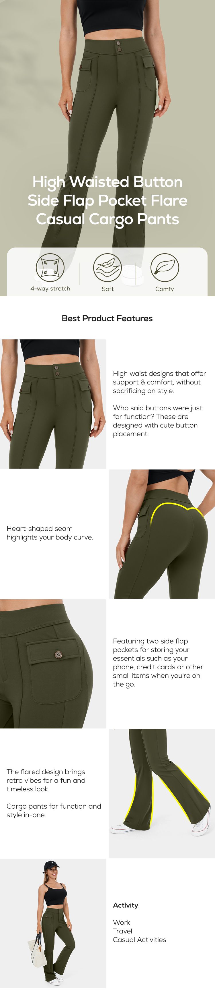 Women's High Waisted Button Side Flap Pocket Flare Casual Cargo Pants