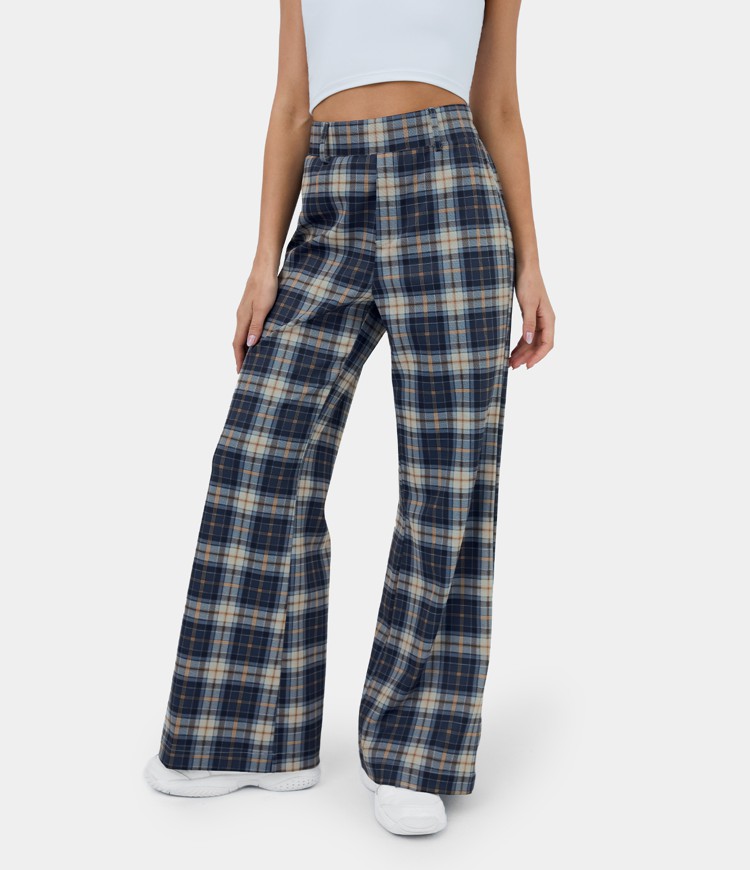 Women's High Waisted Plaid Wide Leg Casual Pants HALARA
