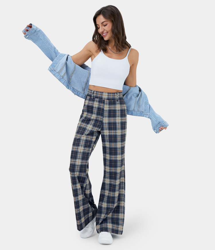 Women's High Waisted Plaid Wide Leg Casual Pants HALARA