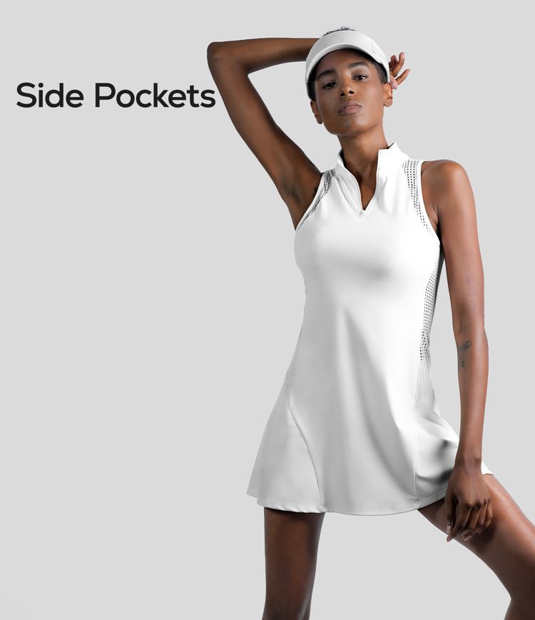 Women's Half Zip Contrast Mesh Side Pocket 2Piece Tennis Dress HALARA