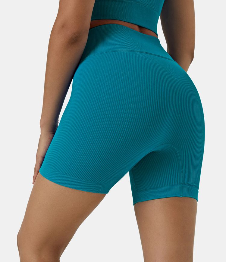 Women’s Seamless Flow High Waisted Ribbed Knit Drawstring Biker Shorts