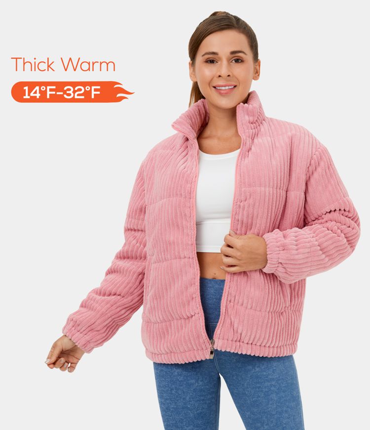 Women's Stand Collar Zipper Side Pocket Casual Fleece Jacket HALARA