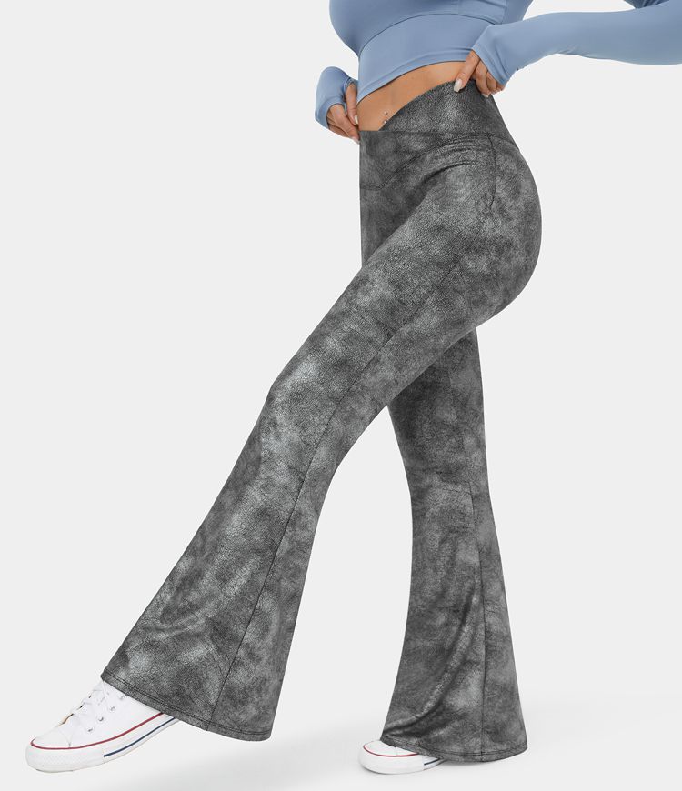 Women's Crossover High Waisted Back Pocket Stretchy Crackle Super Flare