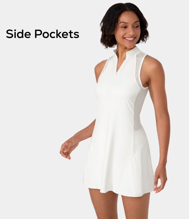 Women's Half Zip Contrast Mesh Side Pocket 2Piece Tennis Dress HALARA