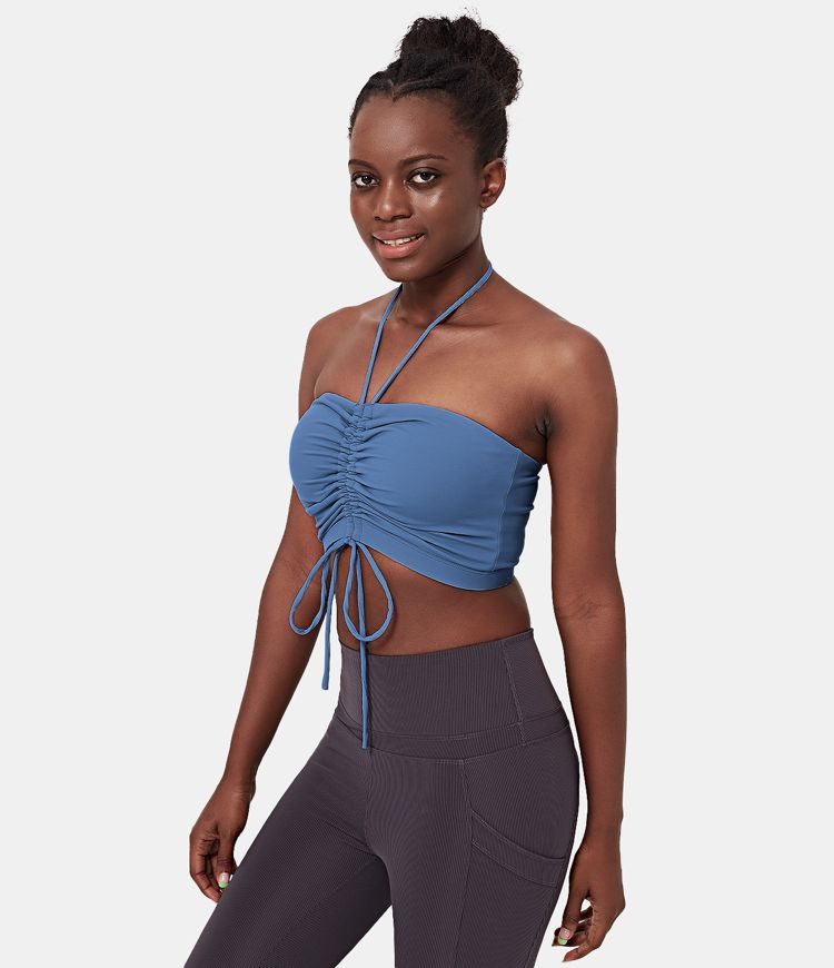 Women's Medium Support Halter Drawstring Ruched Workout Sports Bra HALARA