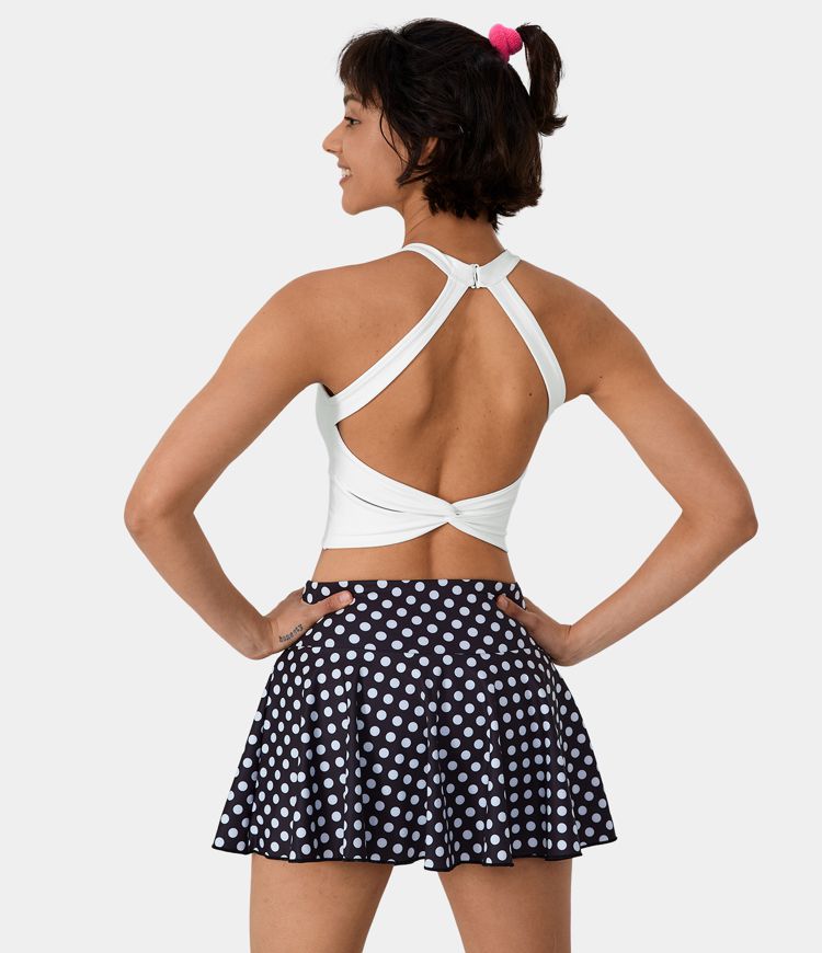 Women's Low Support Halter Neck Contrast Mesh Backless Twisted Sports Bra - HALARA