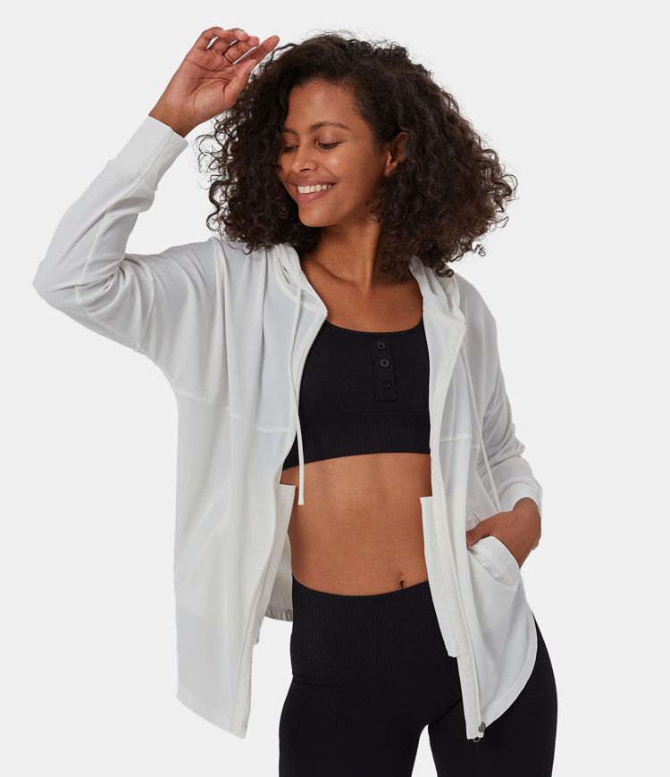 Women's Hooded Zip Up Long Sleeve Pocket Curved Hem Sports Jacket HALARA