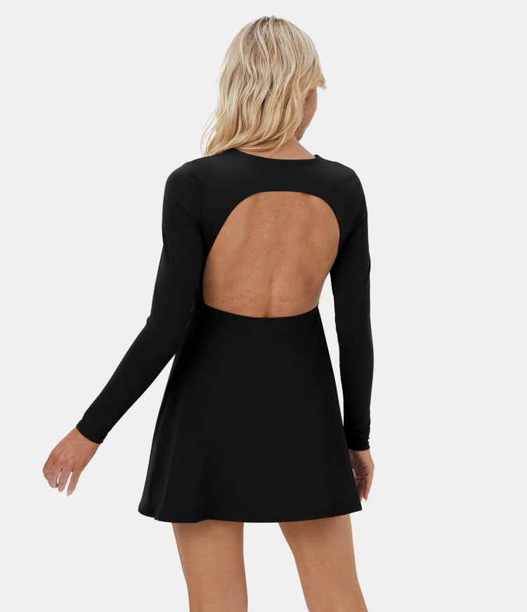 Solid Color High-Neck Backless Flared Sleeves Mini Dress