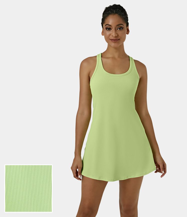halara Ribbed Knit 2-in-1 Side Pocket Backless Racerback Sports Dress-Malibu