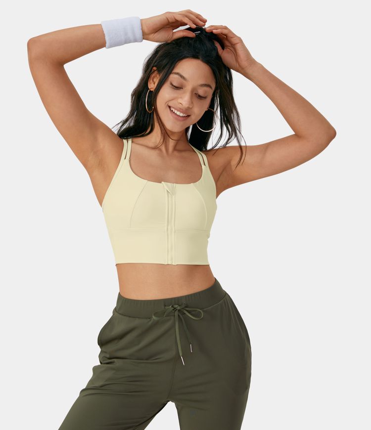 Women's Medium Support Contrast Mesh Double Straps Zip Front Sports Bra - HALARA