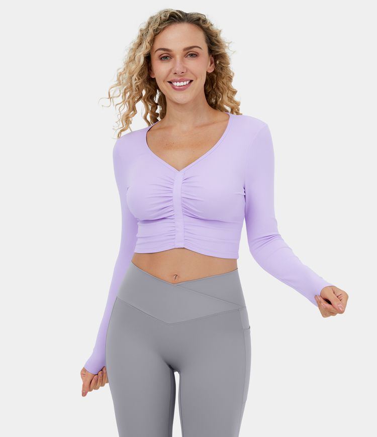 Women's V Neck Ruched Cropped Yoga Sports Top HALARA